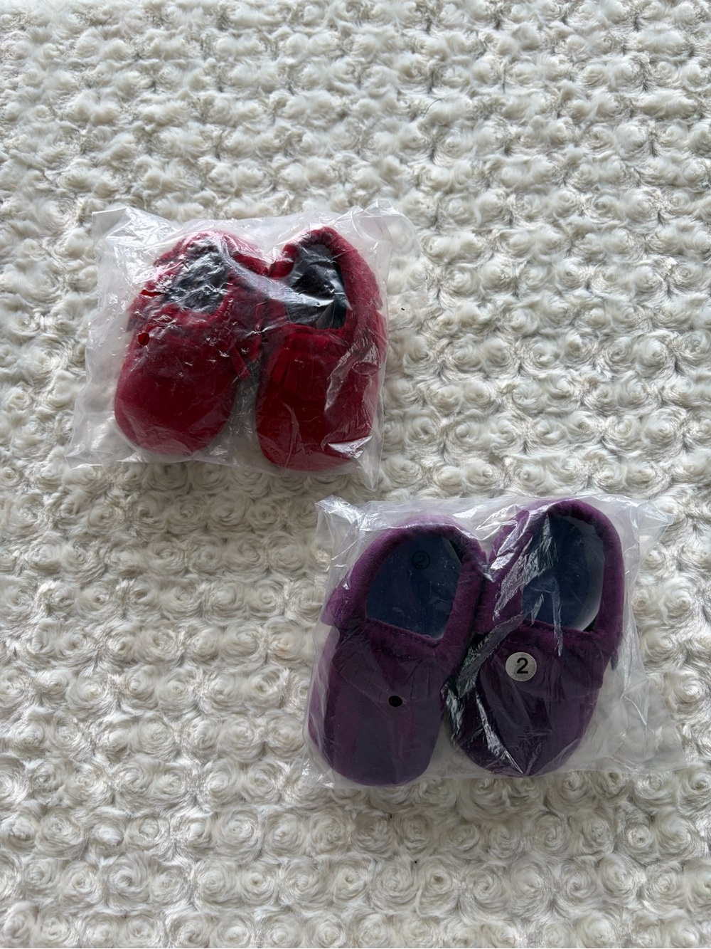 New Set of 2 Baby Moccasin Slippers in Red and Purple Size 1 and 2